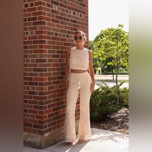 NWT Elegant Cream Crochet Pant Set